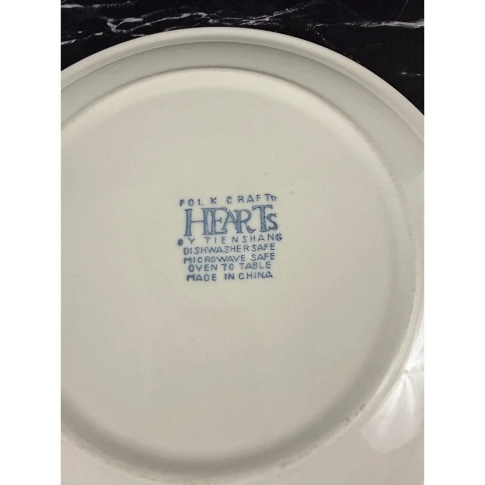 VTG Tienshen Folk Craft Hearts Blue White Spongeware 10 3/8in Dinner Plate READ